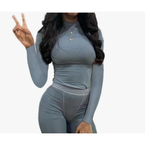 ZFLM Women’s Casual Workout Two Piece Outfits Crew Neck Ribbed Long Sleeved High Waist Short Matching Sets Streetwear L