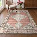 Beeiva Washable Rugs 3x5 Non Slip, Vintage Medallion Entryway Area Rug for Bedroom Indoor Medallion Ultra Thin, Low Pile Distressed Carpet for Kitchen Office Home Decor (Pink & Multi,3'x5')