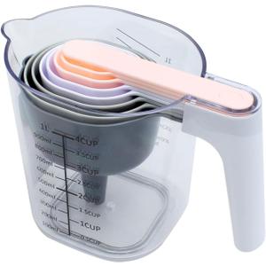 COOK WITH COLOR Measuring Cup Set - 9 PC. Nesting Stackable Liquid Measure Cup, Dry Measuring Cups and Spoons with Funnel and Scraper (Grey and Pink)