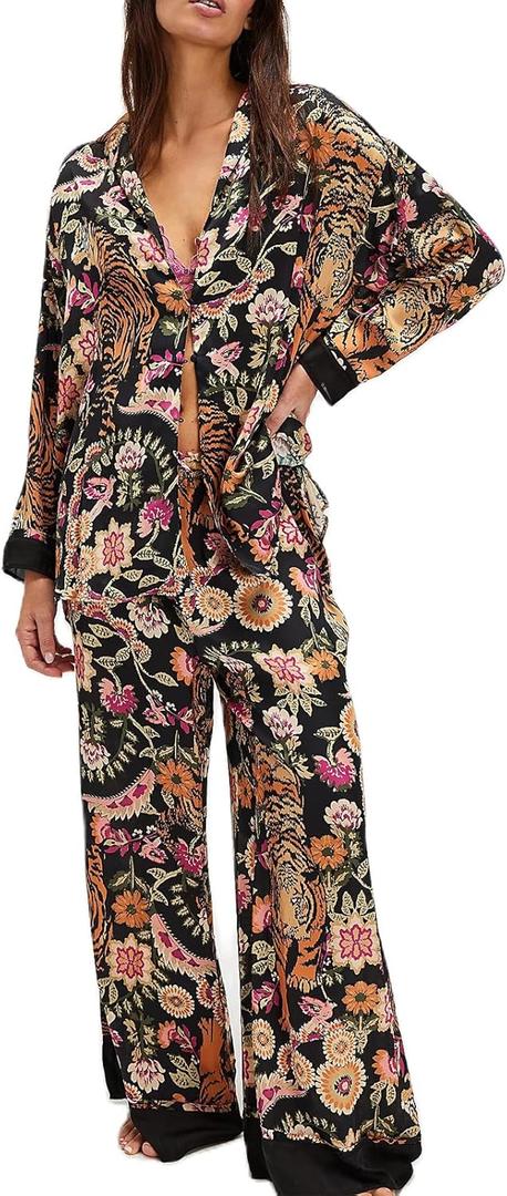 Women Satin Pajama Set Floral Silk Pajamas 2 Piece Lounge Sets Button Down Shirts Wide Leg Pants Pjs Sleepwear (Large) Women Satin Pajama Set Floral Silk Pajamas 2 Piece Lounge Sets Button Down Shirts Wide Leg Pants Pjs Sleepwear (Large)