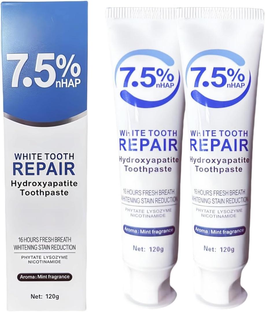 [2 Pack] 7.5% nHAP Hydroxyapatite Toothpaste for Enamel Protection, Gentle Mint Toothpaste for Sensitive Teeth, Fluoride Free, Whitening & Fresh Breath (120g x 2)