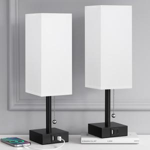 aooshine Bedside Table Lamps Set of 2 - Small Bedroom Lamps with 3 Color Temperatures (3000K/5000K/4000K), Square Nightstand Lamp with USB C + A Charging Ports, Pull Chain Night Light,  (White & Black)