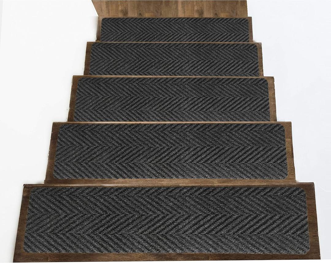 Indoor and Outdoor Carpet Stair Treads - 32" x 8" Non-Slip Stair Treads Carpet for Wooden Steps - Rubber Stair Tread Mats - Stair Rugs Anti Slip for Kids Elders and Dogs  Black Set of 14