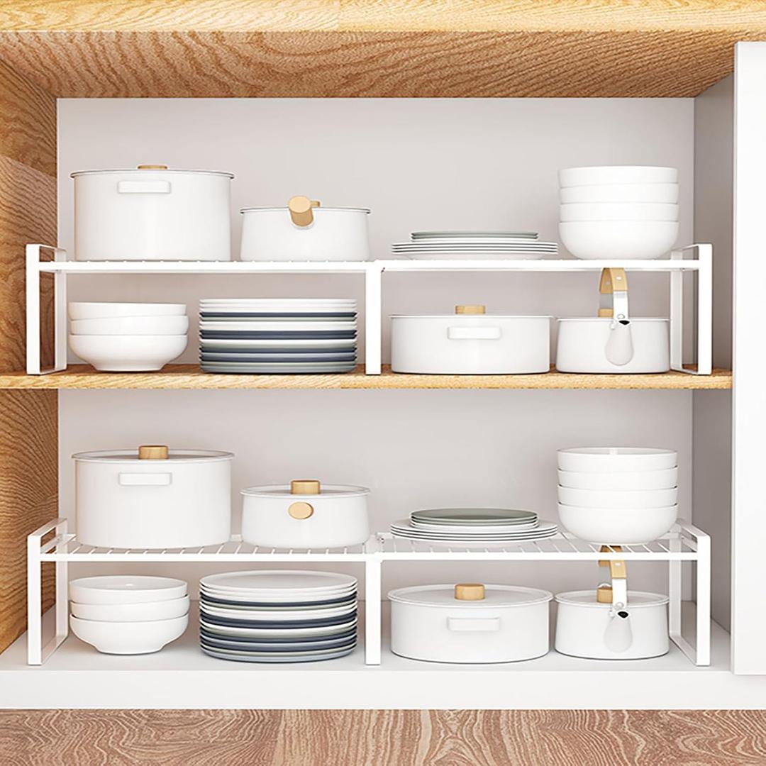13"-24" L Expandable Cabinet Shelf Rack Set of 2, Stackable Kitchen Countertop Cupboard Organizers and Pantry Storage Shelves (White)
