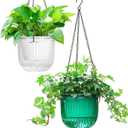 Melphoe 2 Pack Self Watering Hanging Planters Indoor Flower Pots, 6.5 Inch Outdoor Hanging Plant Pot Basket, Plant Hanger with 3Hooks Drainage Holes for Garden Home (Emerald+white)