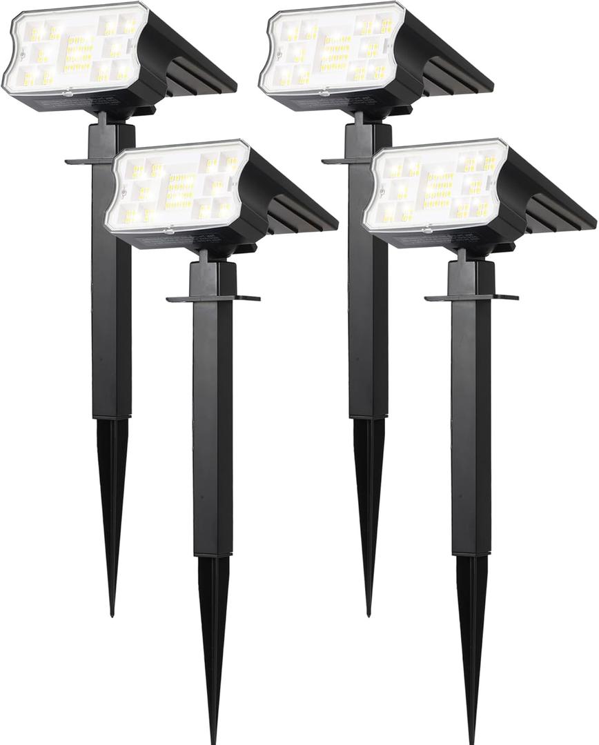 HGGH Solar Lights Outdoor Waterproof IP67, 60 LED 3 Lighting Modes Solar Spot Lights Outdoor for Yard Garden Pathway Landscape, Auto On/Off, Function 2 in 1(Cool White, 4 Pack)