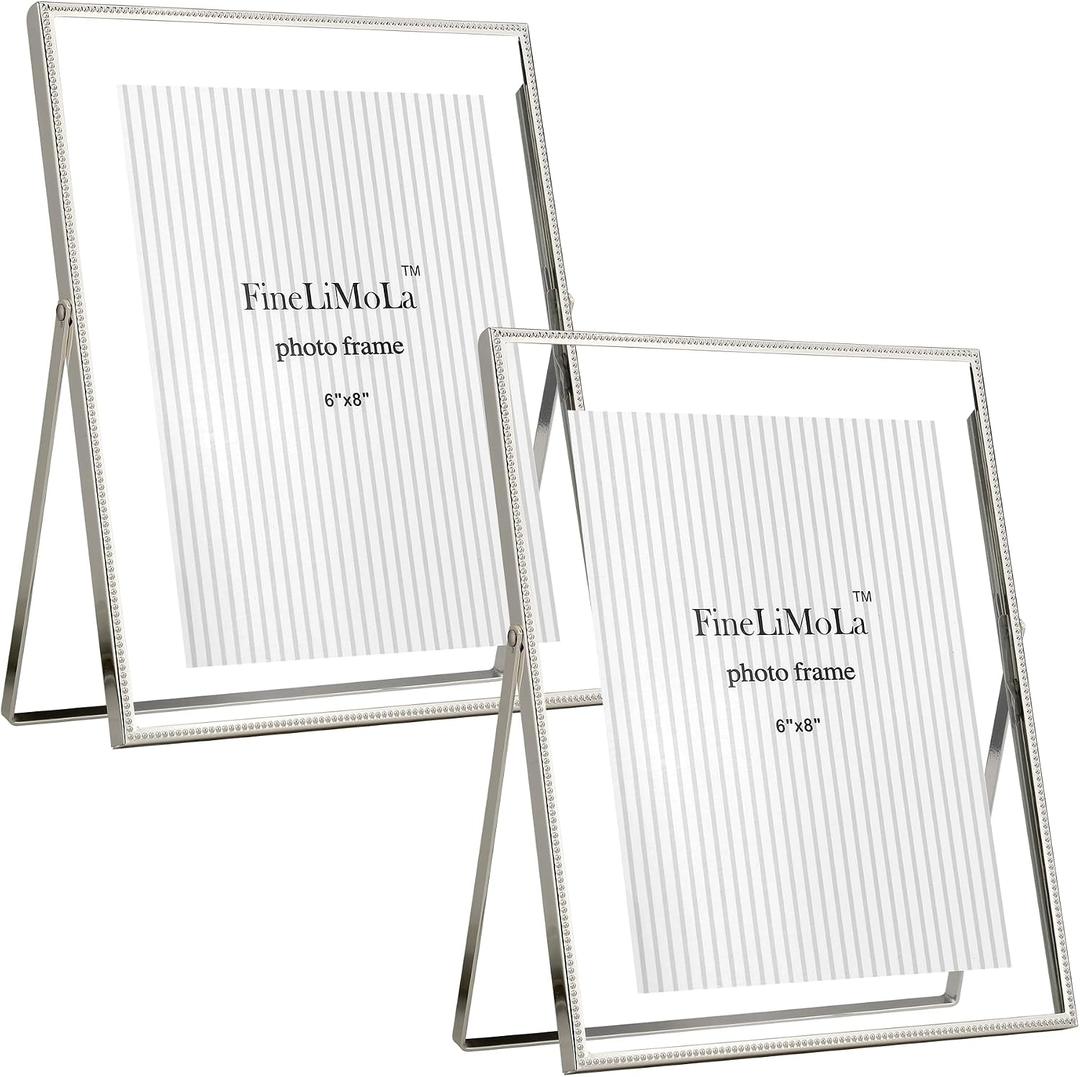 Silver 8x10'' Floating Picture Frame 2 Pack,for Photo Sizes(5x7,6x8 &7x9),Beaded Metal Edge Frame,Adjustable Tabletop/Shelf Classy Photo Frame,for Wedding and Home Decor