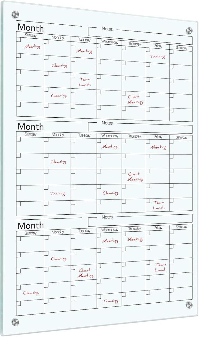 Glass Whiteboard Calendar Dry-Erase White Board Planner Glass Large Wall Mounted Calendar with Marker Tray for Wall Home or Office(Transparent,36" X 24",3 Month)