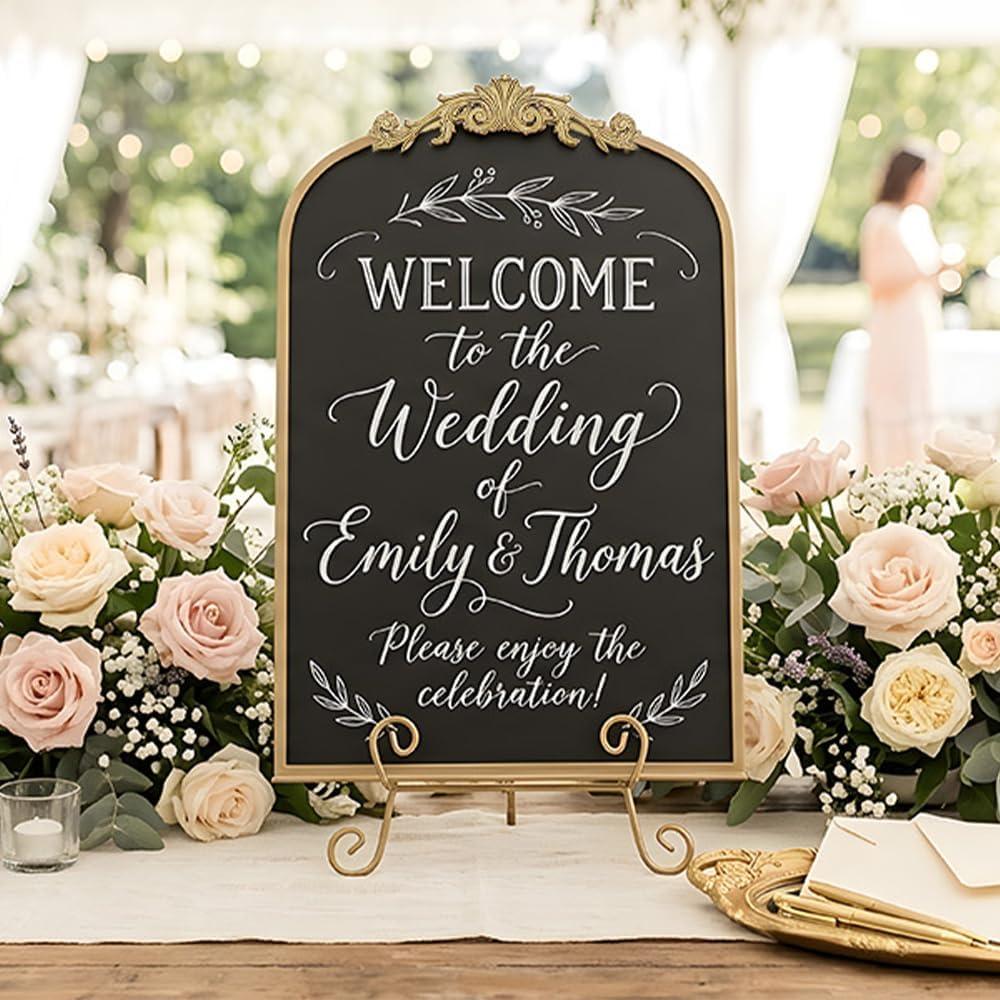 Vintage Magnetic Arch Chalkboard with Shelf - 18"x24" Decorative Wall Mounted Ornate Gold Framed Blackboard with Chalk, Clips & Cloth - Elegant Wedding Sign & Kitchen Menu Home Decor