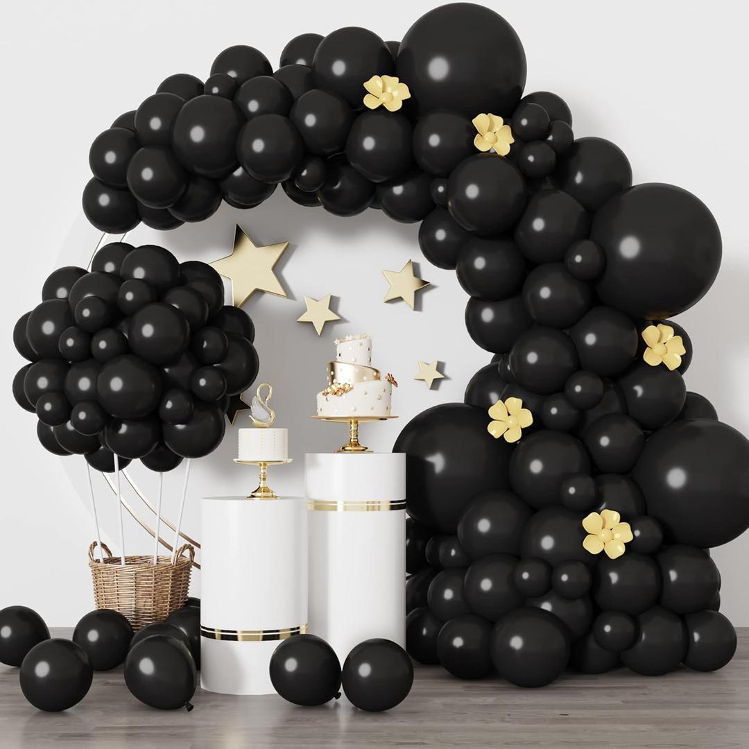 RUBFAC Black Balloons for Balloon Arch 129pcs Different Sizes Pack of 18 12 10 5 Inch Garland Kit, Latex Halloween Balloons for Party Decorations Birthday Wedding Decor