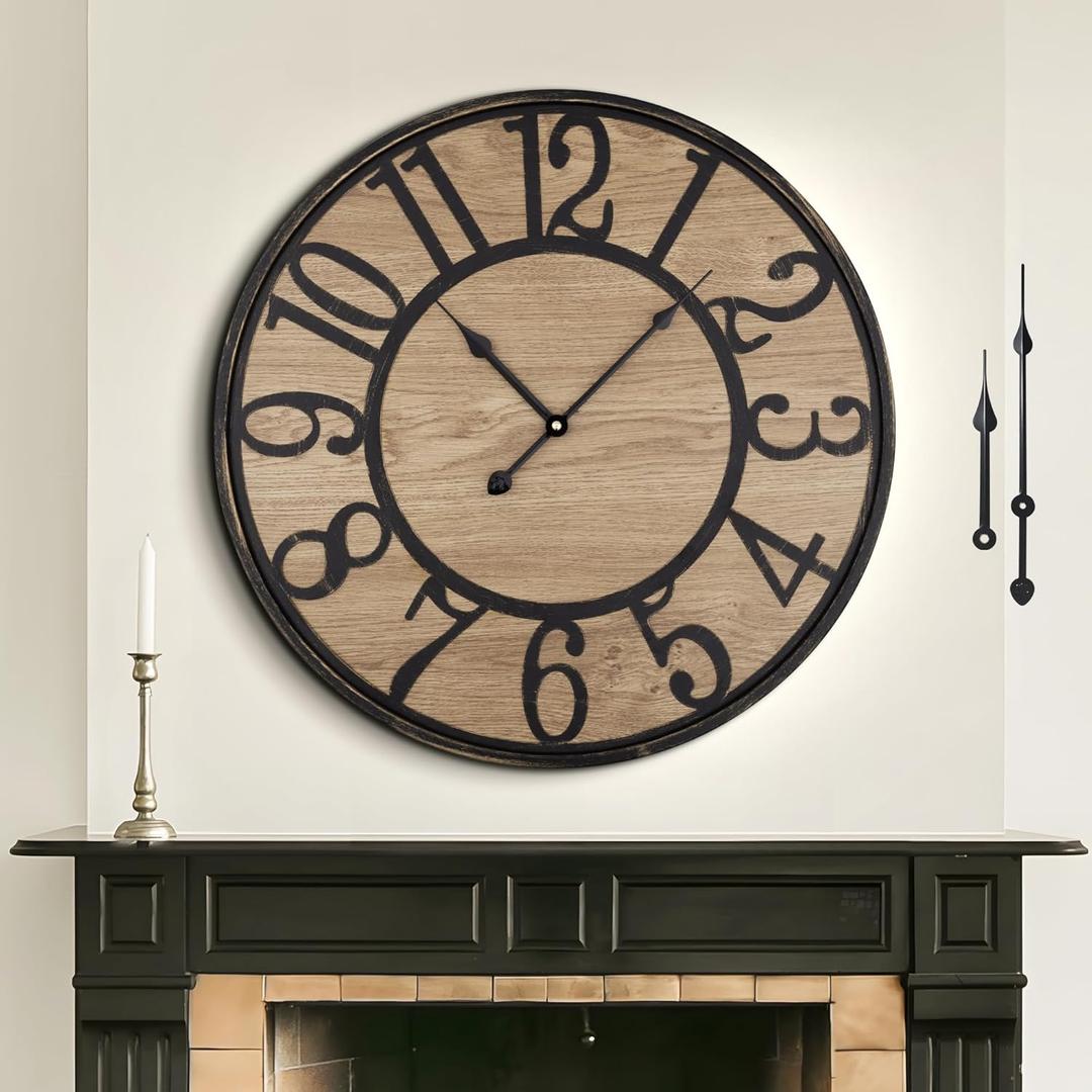 Large Wall Clock for Living Room Decor, Non Ticking Silent, Battery Operated Modern Vintage Wood Oversized Decorative Wall Clock for Bedroom Kitchen Farmhouse Office Decor (24inch, Antique Bronze Metal - Arabic Numerals)