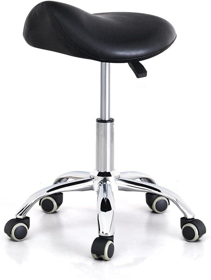 Saddle Stool with Wheels, Ergonomic Rolling Height Adjustable Chair for Medical Clinic Dental Tattoo Hair Stylist Salon Facial Nail Artist Spa, Swivel Pu Leather Stool,Black
