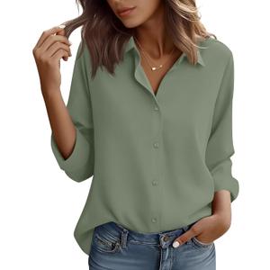 Wrinkle Free Button Down Shirts for Women Charm Slim-Fit Long Sleeve Formal Solid Dress Shirt Blouses Tops (Medium, Army Green)