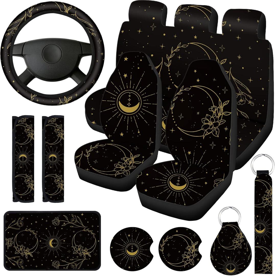 15 Pieces Moon and Stars Car Seat Cover Full Set for Women Men Upgrade Thick Car Front Seat Covers Universal Steering Wheel Cover Separate Headrest Cover Seat Belt Pads (Flower Pattern)