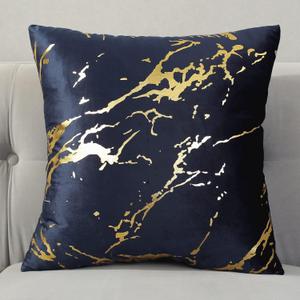 TAOSON Pack of 2,Velvet Marble Pattern Lines Geometric Bronzing Printed Cozy Soft Throw Pillow Cases Cushion Covers Shells for Sofa Couch Bed Home Decoration 18 x 18 Inches, Navy Blue and Gold