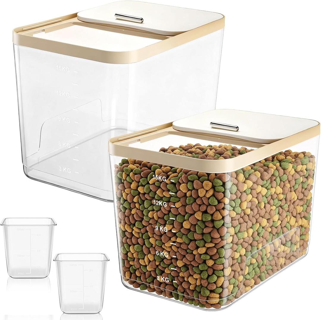 Teenyyou 2 Pack 30 Lbs Airtight Dog Food Storage Container with 2 Scoops, Clear Cat Food Container Storage Bin with Measuring for Dog Cat Bird Other Pet