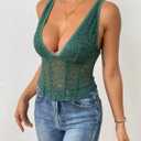 Womens Lace Corset Top Plunge V Neck Bustier Sheer Sexy Going Out Top Boned Party Cami Top (Green, M)
