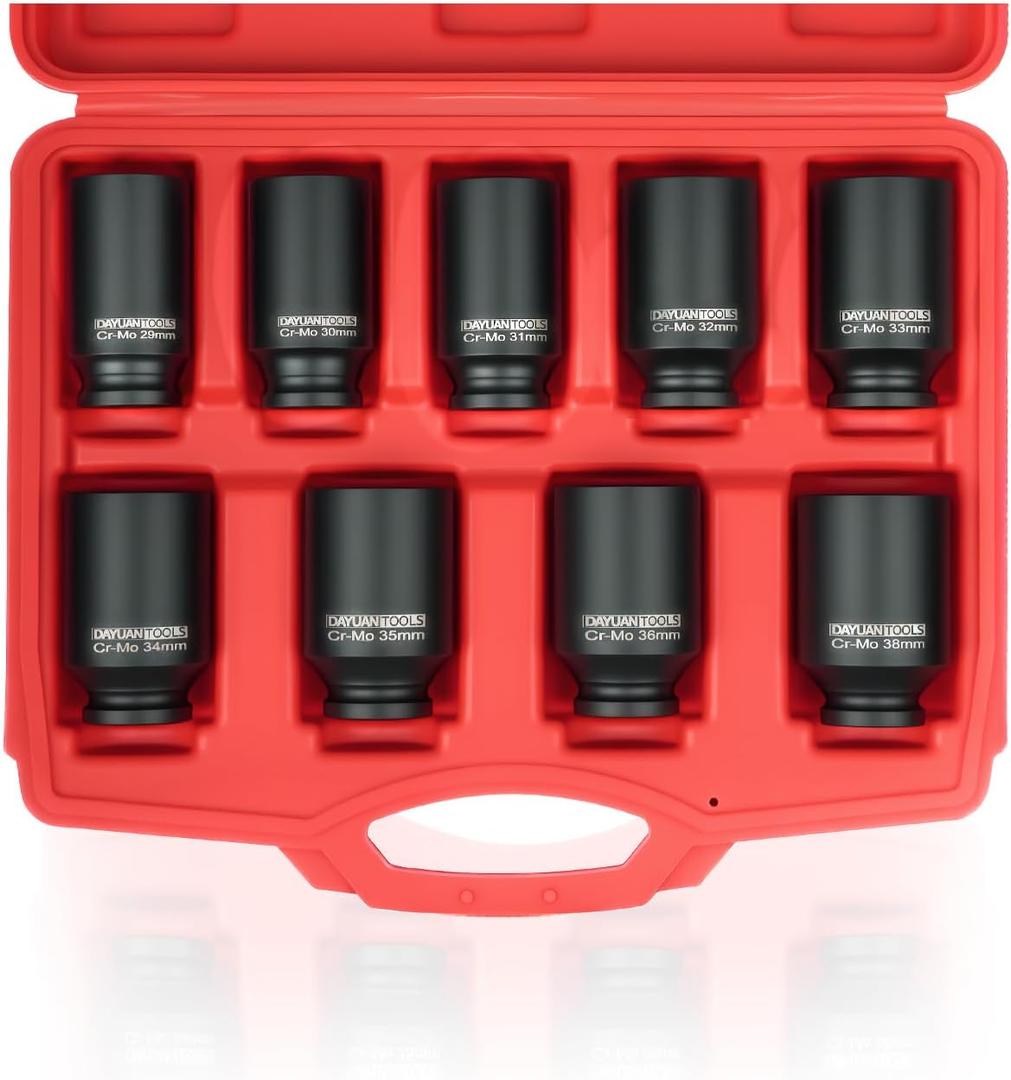 DAYUAN 9 Pcs Axle Nut Hub Impact 1/2" Drive Socket 29 30 31 32 33 34 35 36 38mm Socket Set