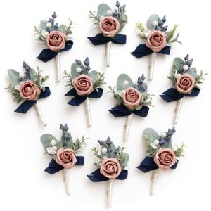 Ling's Moment Boutonniere for Men, 10pcs Groomsmen Guest Boutonniere, Artificial Flowers for Wedding Dcor/Prom/Homecoming,etc.Dusty Rose Navy Blue