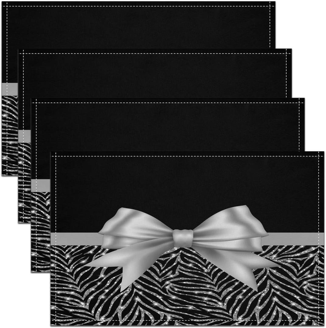 Silver Glitter Print Table Place Mats Placemats Set of 4 Silver Bowknot Decor Table Place Mats Pastel Print Placemats Black Placemat for Kitchen Dining Table 18"x12" for Boys Girls Kids(No Glitter)