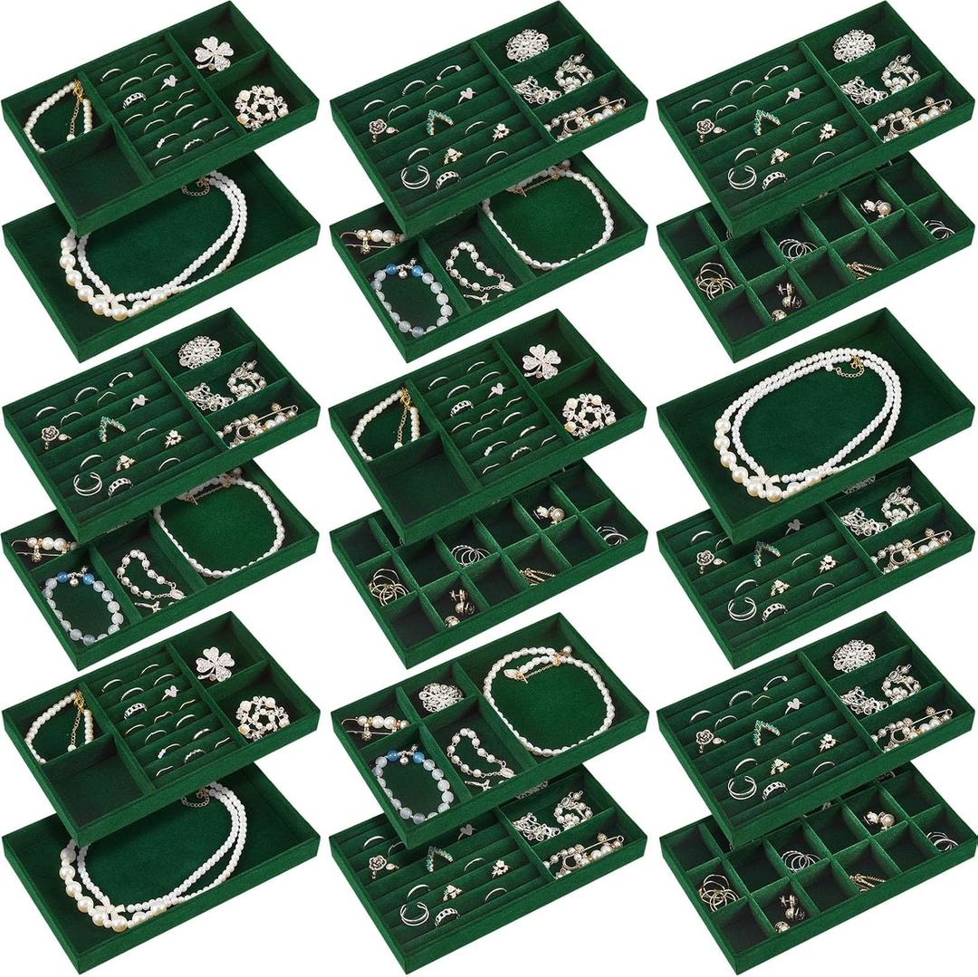Junkin 18 Pcs Velvet Jewelry Tray, Stackable Jewelry Organizer Trays for Drawer, Jewellery Box Divided Display Tray, Jewelry Inserts for Drawer for Rings Earring Bangle Necklaces(Dark Green)