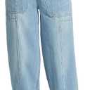 Women's Wide Leg Baggy Jeans Elastic Low Rise Barrel Jean Loose Boyfriend Denim Pants with Drawstring (Medium, Light Blue)