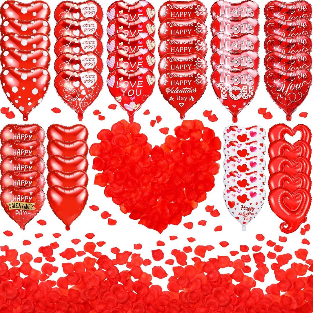 Realspring 150 Pcs Valentines Day Balloons Set 18 Inch Valentine's Day Foil Balloons Red Heart Assorted Balloons with Rose Petals for Valentines Party Sweetest Day Special Night Romantic Decor