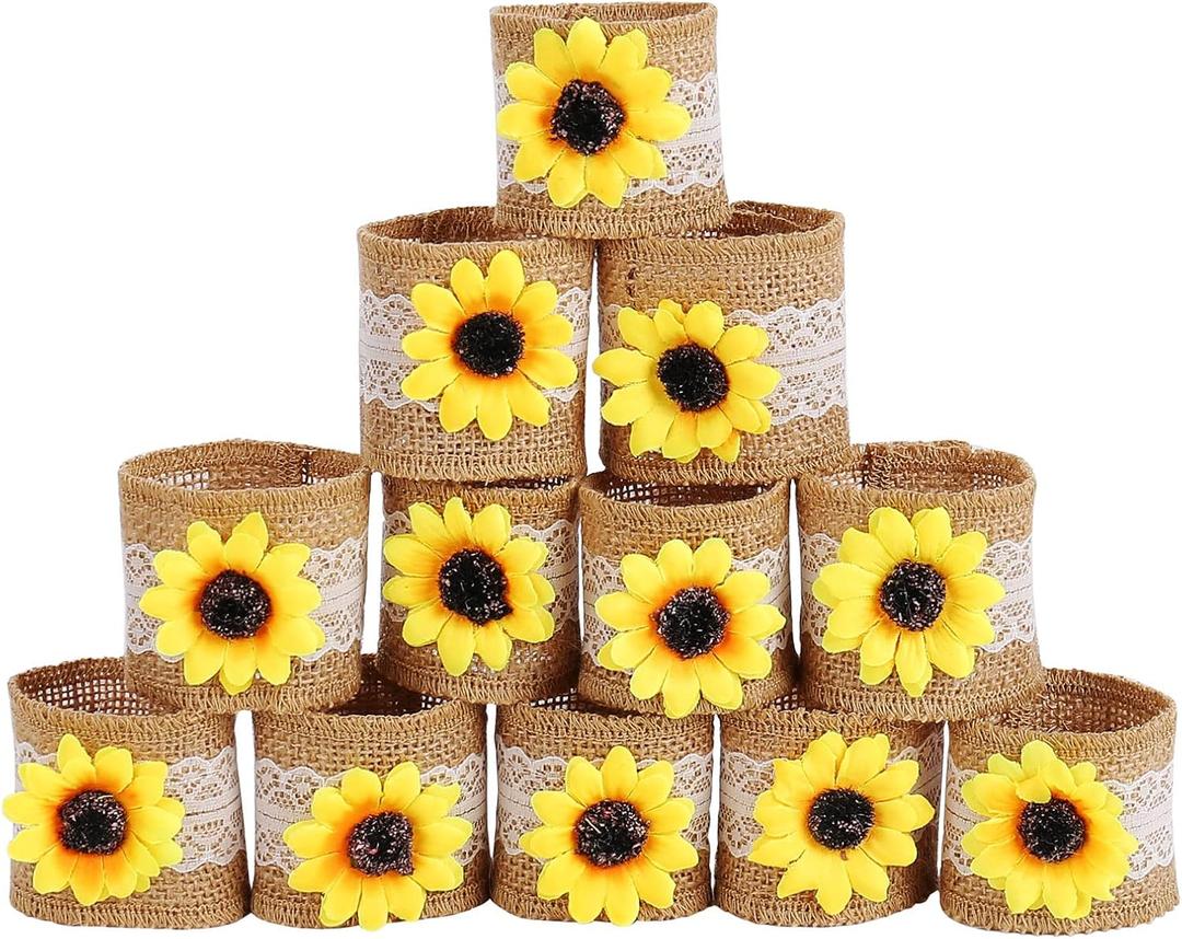 LogHog Fall Napkin Rings Set of 12, Handmade Linen Napkin Ring, Sunflower Lace Buckle Holder Ring for Wedding, Banquet, Farmhouse, Thanksgiving, Picnic, Table Decor, Wedding Wristband