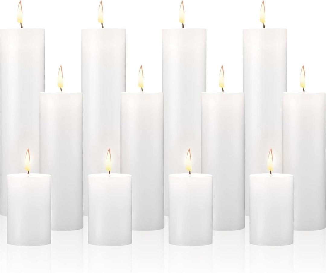 Lounsweer 12 Pcs Pillar Candles Bulk Unscented Votive Candles Wax Multi Size for Home Shabbat Weddings Spa Events Emergencies, 2 x 3, 2 x 6, 2 x 8 (White)