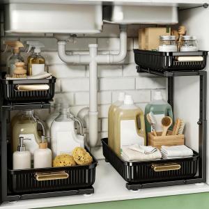 ARSTPEOE Under Sink Organizer - 2 Packs Multi-Purpose Pull-Out Storage Organizers, Slide out Pull out Cabinet Organizer Shelf, Storage for Kitchen Bathroom, Black