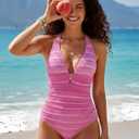 Aidonger Women's Deep V Neck One Piece Swimsuit Textured Bathing Suit Sexy Cutout Cross Tie Back Tummy Control Swimwear (Pink, L)