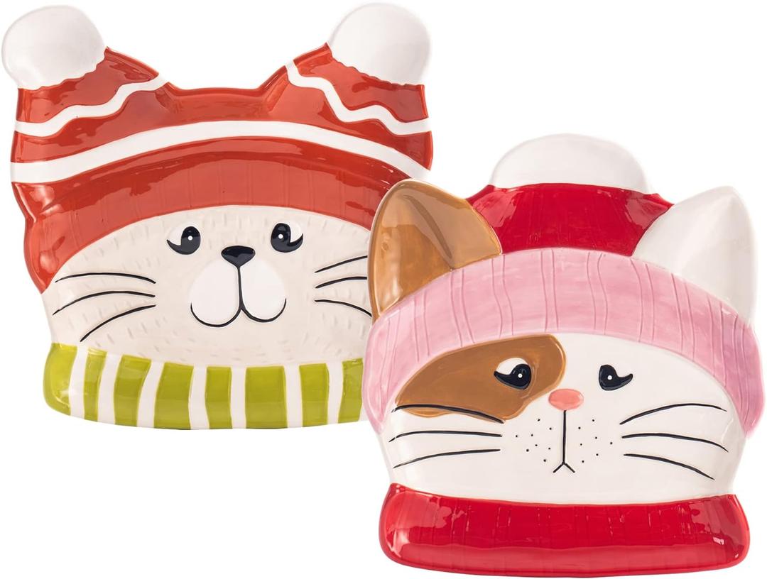 Bico Knitted Kitten Ceramic Appetizer Plates Set, Set of 2, Microwave and Dishwasher Safe