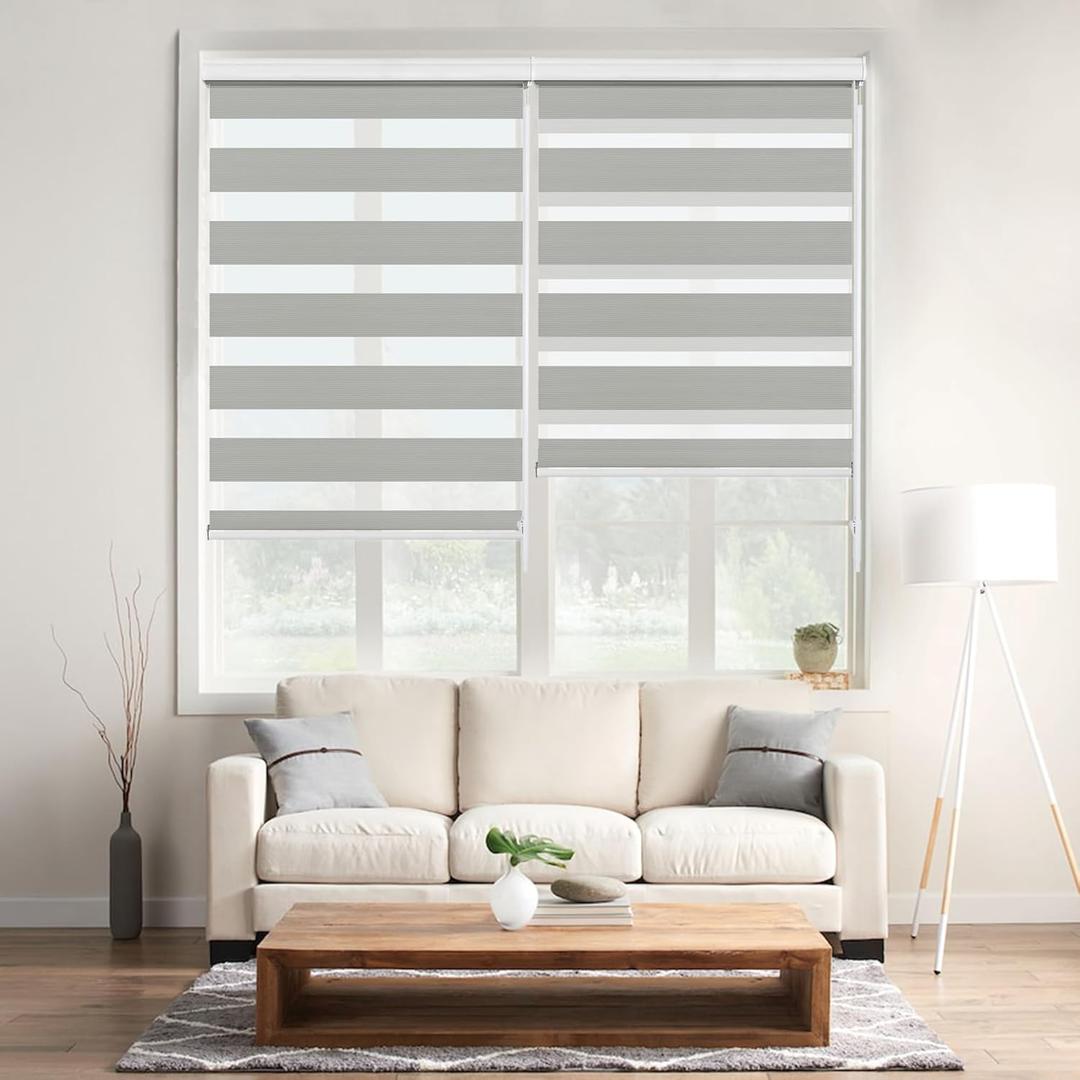 Allbright Zebra Window Blinds 15" W x 40" H Grey, Dual Layer Roller Shade, Room Darkening Shade Roll Up and Pull Down Blinds, Light Filtering Window Shades for Day and Night, Easy to Install