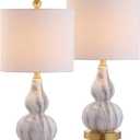 JONATHAN Y 20.5" Black/White Glass Table Lamp, Modern Gourd Bedside Nightstand Lamp for Bedroom, Living Room, White Linen Shade, LED Bulb Included (JYL1028D-SET2)