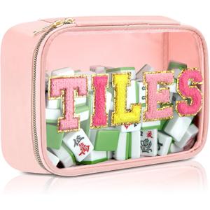 Empty Mahjong Tile Bag American PVC Clear Mahjong Case Size 166 Waterproof Zippered Storage Tile Holder Rack Bag for Game Lover Gift Travel, Case Only (Pink,Tiles)