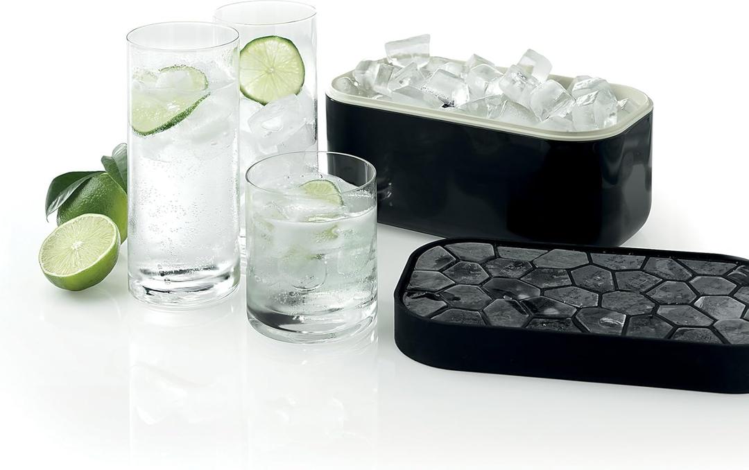 Lku Ice Box | Black | Ice Cube Tray For Freezer With Lid & Bin | Made With 100 Percent Platinum Silicone | Elegant And Retro Style Ice Cubes | For Cocktails, Ice Tea & Coffee And More |