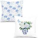 XUNLURY Chinoiserie Hydrangea Floral Pillow Covers 18x18 Set of 2, Grandmillennial Home Decor, Cottagecore Room Decor, Blue and White Hydrangea Flower Decorative Throw Pillow Covers