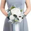 Ling's moment Dusty Blue Artificial Wedding Flower Bouquets for Bridesmaids White Floral Bouquet Light Blue Bridal Bouquets for Bridesmaids with Ribbon Ceremony Anniversary,7-inch Diameter