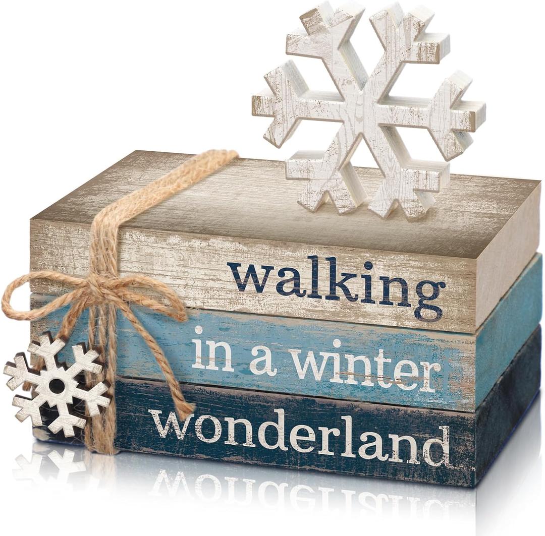 4 Pcs Winter Decorations for Home Winter Table Decorations Snowflake Tiered Tray Decorative Mini Wooden Books Signs Block Centerpiece for Shelf Office Tabletop Housewarming Gifts