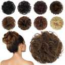 FESHFEN Human Messy Buns - 100% Human Hair Bun Real Scrunchies Hair Pieces Ponytail Extensions Wavy Tousled Updo Chignon Hairpieces for WomenDark Brown Mixed Blonde
