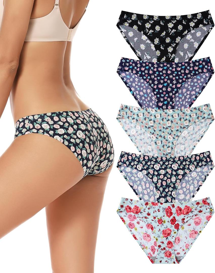voenxe Women Bikini Underwear,Seamless Breathable Ladies Panties,No Show Comfortable Briefs Undies for Women,Hipster,5-Pack (Medium)