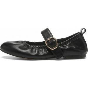 VOLEECE Women's Ruched Ballet Flats Buckle Strap Mary Jane Flat Shoes Slip On Soft Faux Suede Round Toe Comfort Ballerina for Casual Dress (Black)