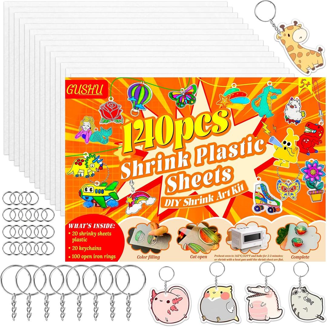 Gushu 140 Pcs Shrink Plastic Sheets Keychain Making Kit, 20 Heat Shrinky Dink Paper (7.9 x 5.7 Inch) with 120 Accessories for DIY Crafts, Creative Handprint Art for Teens & Adults