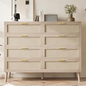 Mid-Century Modern 8-Drawer Rattan Dresser – 47.2" x 15.7" x 37" Wide Storage Chest with Handles, Large Table Top for Bedroom, Living Room, Hallway & Entryway
