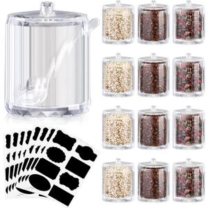 Tioncy 12 Pcs Ice Cream Bar Supplies Sugar Bowls with Lid and Spoon Acrylic Candy Dispenser Party Bar Hot Cocoa Sundae Caramel Apple Dipping Container with Tag (8 oz,Clear)