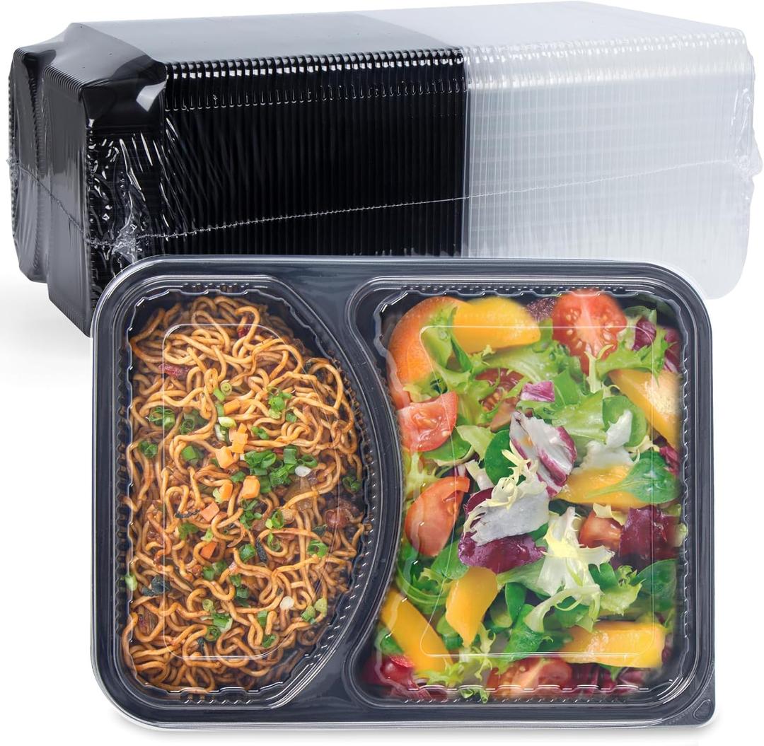 FRESHPAK Meal Prep Container, 2-Compartment 40-Pack To Go Containers with Lids Reusable BPA Free Microwave and Freezer Safe Bento Boxes Ideal for Portion Control Food Storage (40oz) (Black)