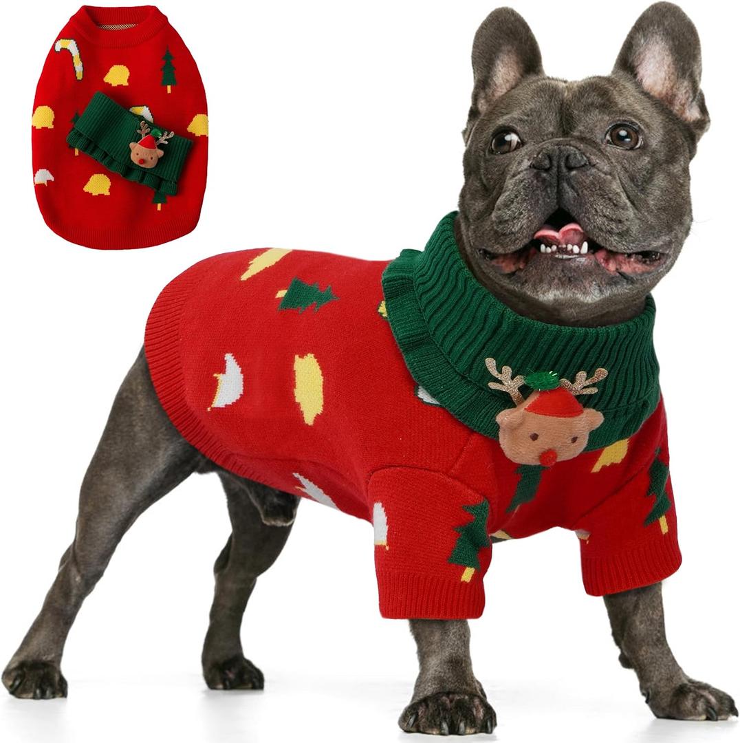 PUMYPOREITY French Bulldog Christmas Sweater, Pullover with Scarf, Soft Dog Christmas Outfit, Knitted Dog Sweater for Cold Weather, Red, XL