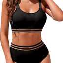 Womens High Waisted Bikini Sets Sporty Crop Top Color Block Swimwear Bandeau Scoop Neck Vintage Two Piece Bathing Suits (Small, Black Mesh)