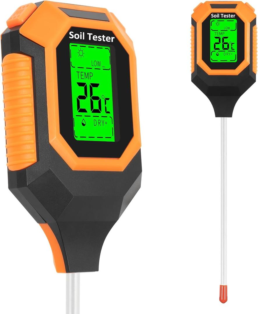 4-in-1 Soil Moisture Meter Digital PH Meter/Soil Moisture/Plant Temperature/Sunlight Intensity, Backlight LCD Display, Soil Test Meter for Garden, Lawn, Plant Care, Farm and Indoor Outdoor Plants