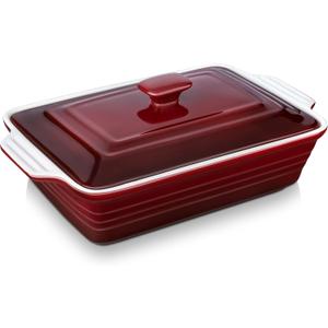 LOVECASA 4.5 Quart Ceramic Casserole Dish with Lid, 9x13 Baking Dish for Oven, Lasagna Pan Deep with Handles, Stoneware Bakeware, Oven & Dishwasher Safe, Gradient Red